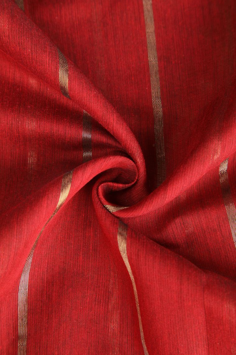 Candy Red Semi Tussar Silk with Gold Zari Stripes view 4