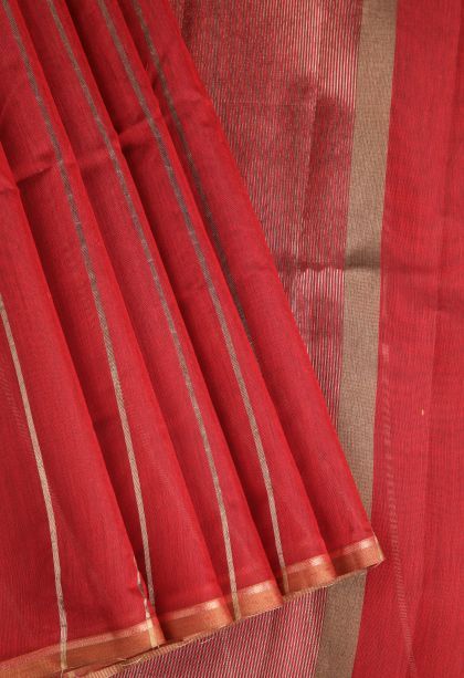 Candy Red Semi Tussar Silk with Gold Zari Stripes