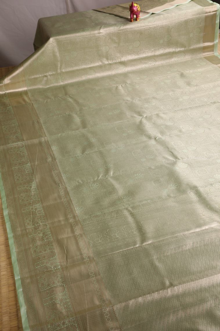 Pistachio Green Tissue Silk Sarees with Gold Zari Floral Patterns view 2