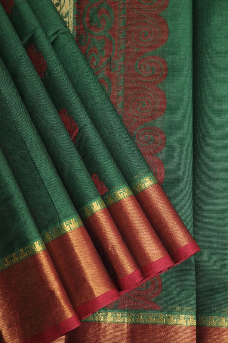 Bottle Green Chettinad Cotton Sarees with Without Zari Zari Manga view 1