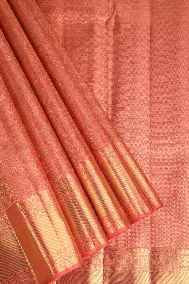 Amber Orange Kanchipuram Silk Sarees with Gold Zari Checks And Puttas view 1