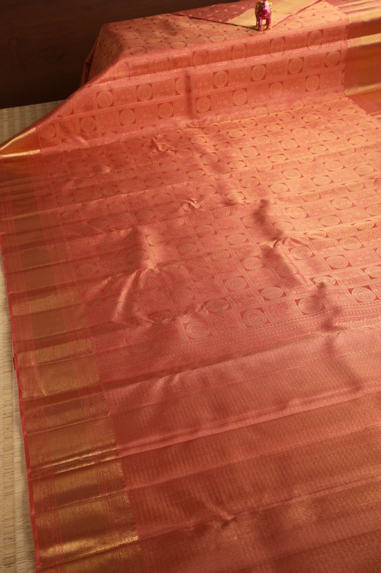 Amber Orange Kanchipuram Silk Sarees with Gold Zari Checks And Puttas view 2