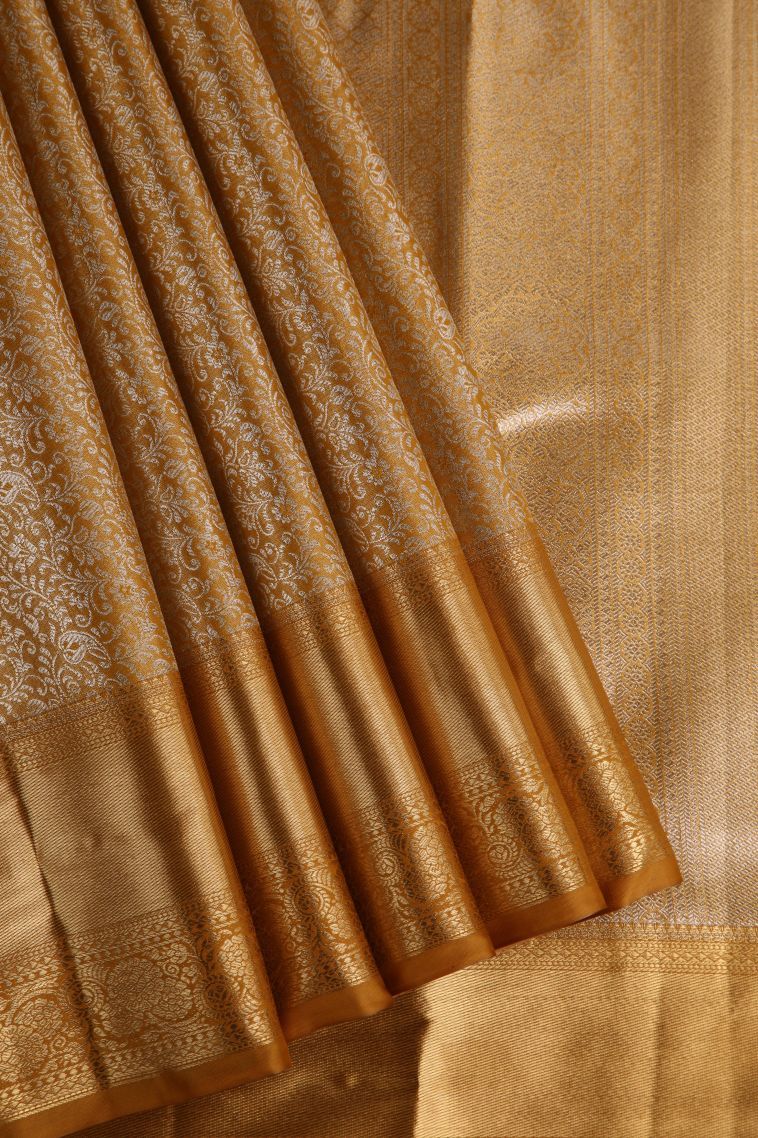 Rich Gold Tissue Silk Sarees with Gold Zari Floral Patterns view 1