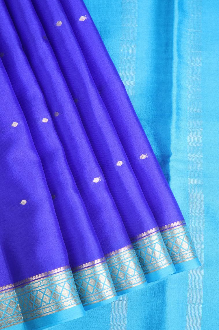 Cobalt Blue Mysore Silk with Gold Zari Buttis (small Dots Or Motifs) view 1