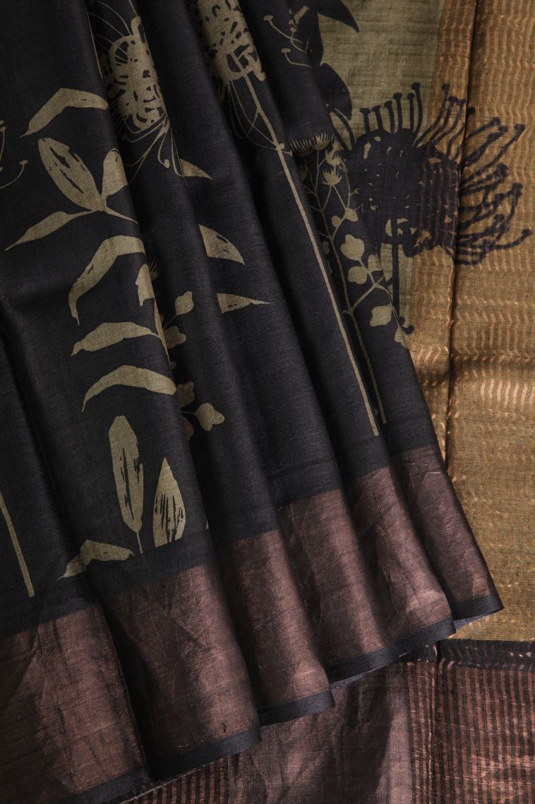 Onyx Black Tussar Saree with Copper Zari Floral Patterns view 1