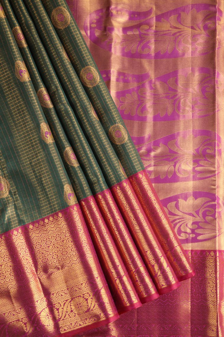 Pine Green Apoorva Silk Sarees with Gold Zari Peacock And Rudhractam view 1