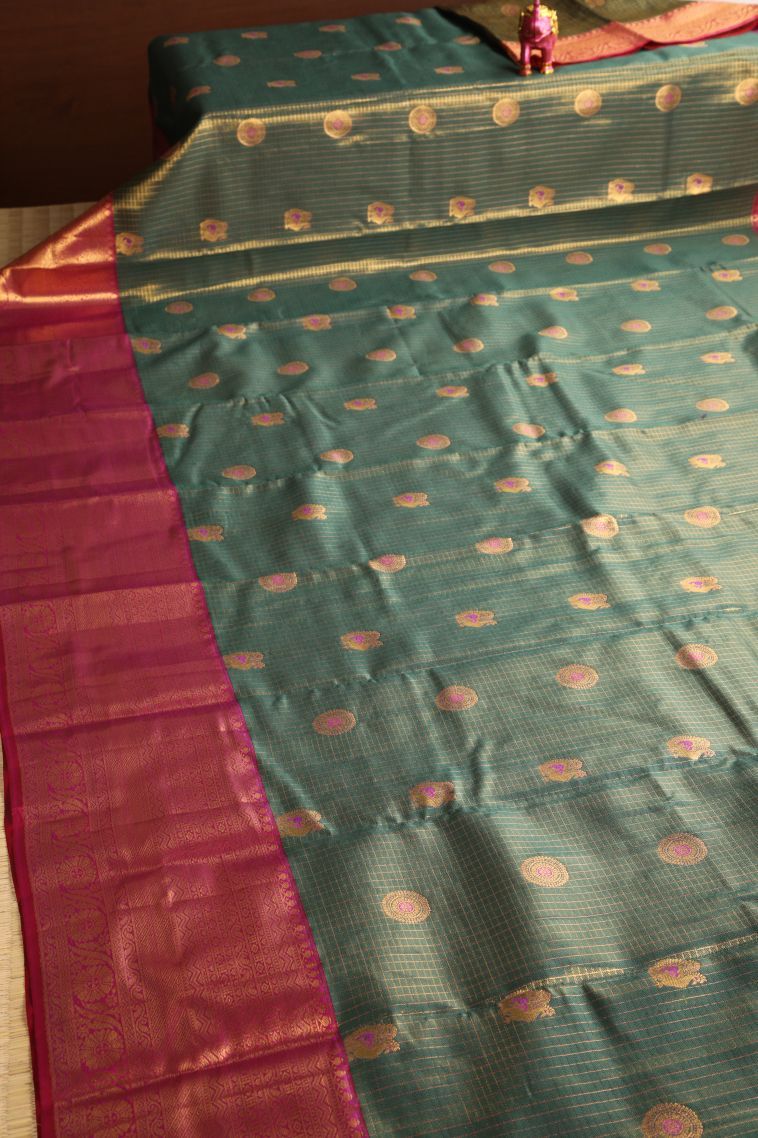 Pine Green Apoorva Silk Sarees with Gold Zari Peacock And Rudhractam view 2