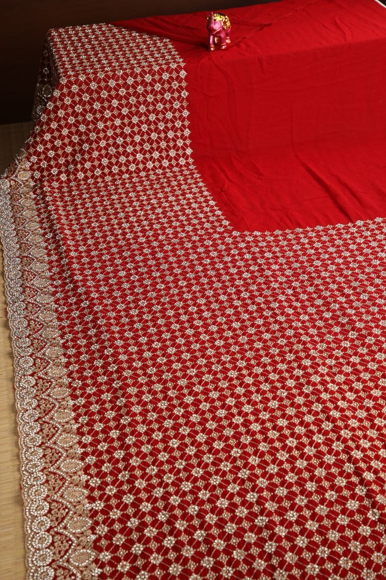 Candy Red Designer Sarees with Gold Zari Stone Work view 2