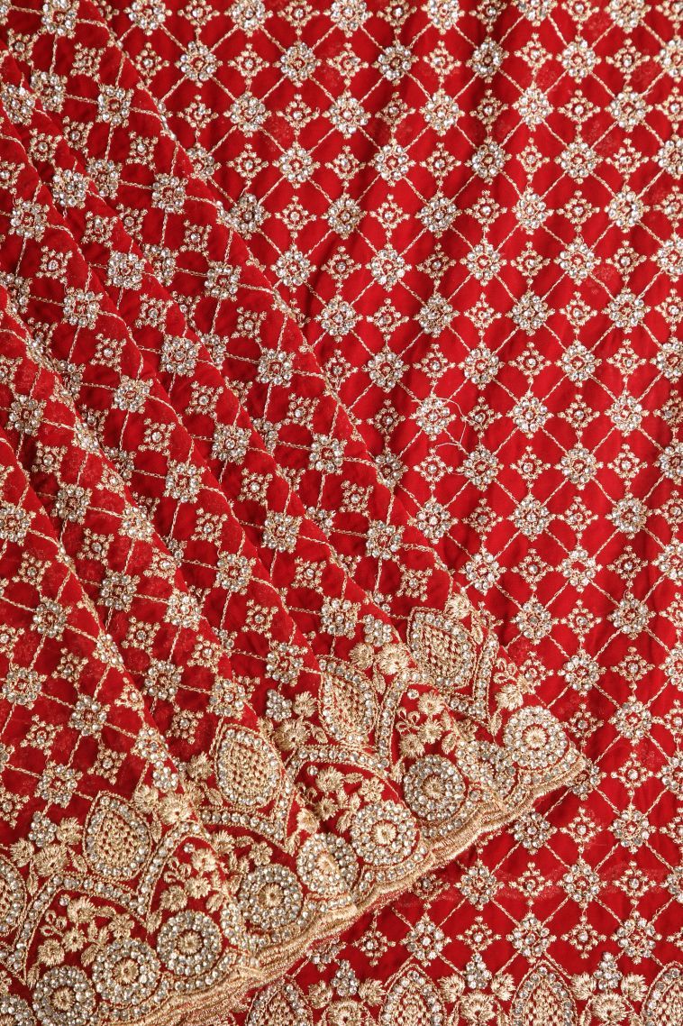 Candy Red Designer Sarees with Gold Zari Stone Work view 1