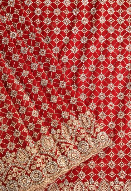 Candy Red Designer Sarees with Gold Zari Stone Work