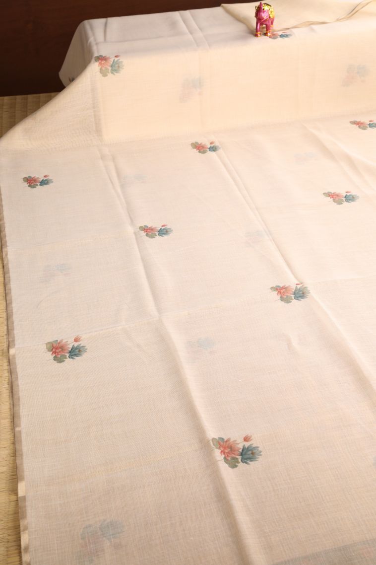 Cream White Linen Saree with Without Zari Zari Floral Patterns view 2