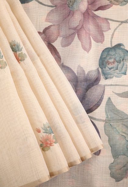 Cream White Linen Saree with Without Zari Zari Floral Patterns