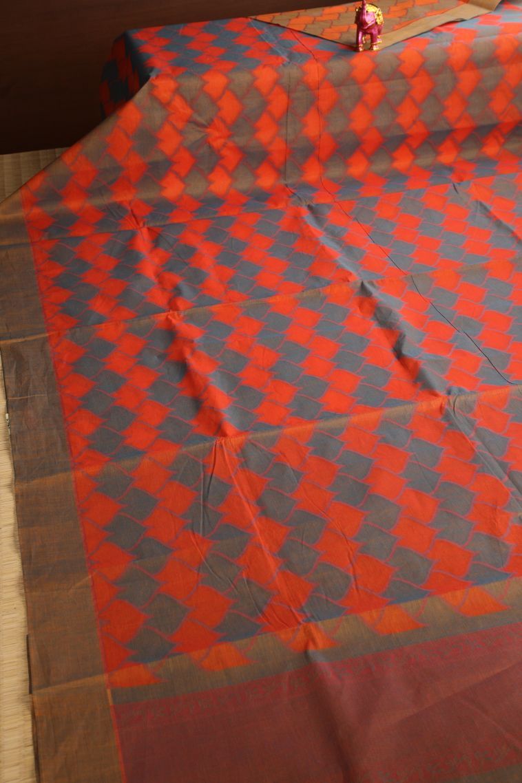 Caramel Brown Kovai Cotton Sarees with Without Zari Zari Geometric Shapes view 2