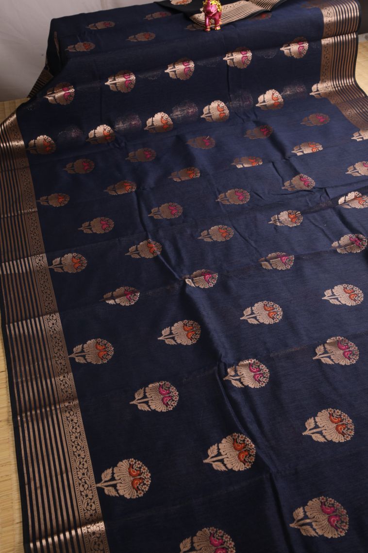 Berry Blue Banaras Sarees with Gold Zari Birds And Floral Pattern view 2