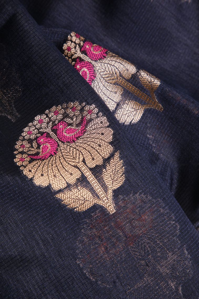 Berry Blue Banaras Sarees with Gold Zari Birds And Floral Pattern view 4