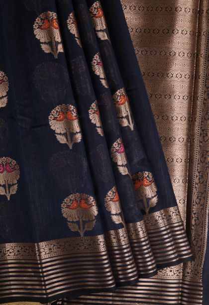 Berry Blue Banaras Sarees with Gold Zari Birds And Floral Pattern