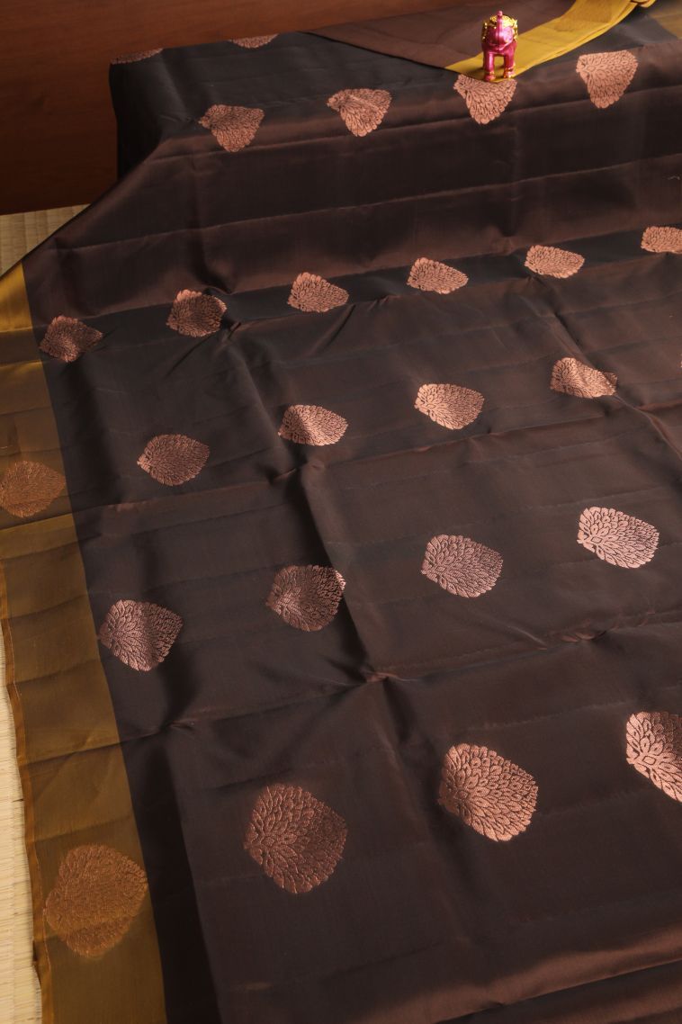 Brunette Brown Soft Silk Saree with Copper Zari Floral Puttas view 2
