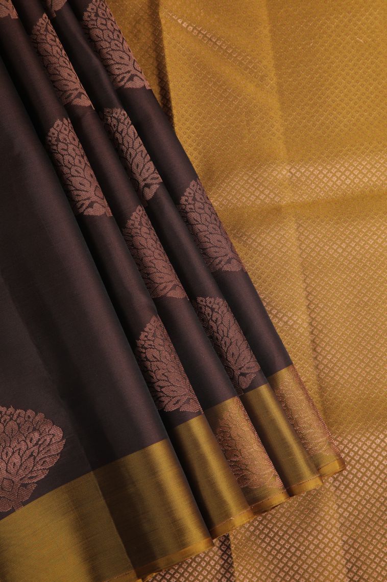 Brunette Brown Soft Silk Saree with Copper Zari Floral Puttas view 1