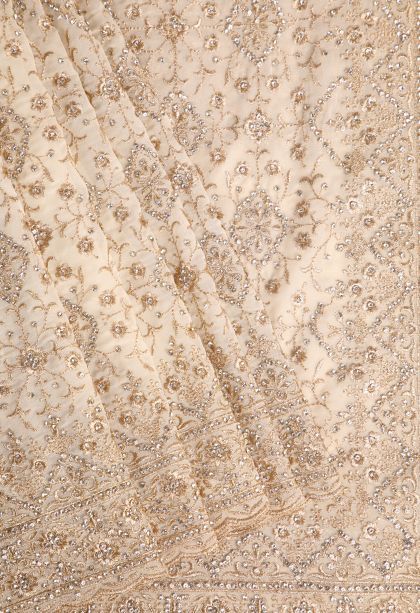 Chiffon White Designer Sarees with Gold Zari Stone Work