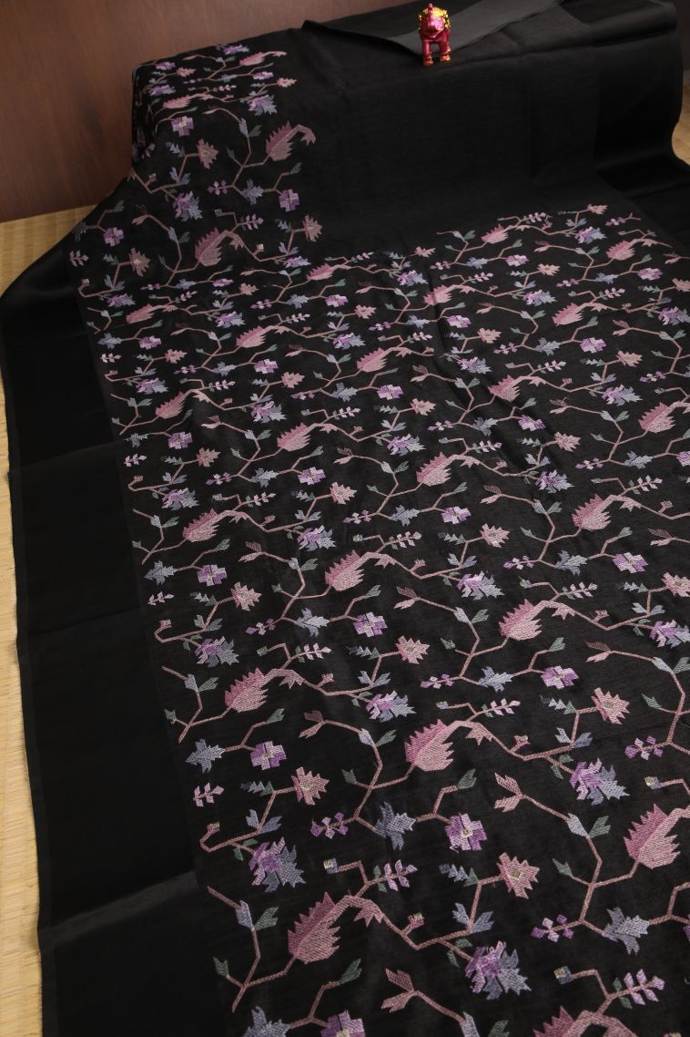 Asphalt Black Jute Sarees with Without Zari Zari Floral Patterns view 2