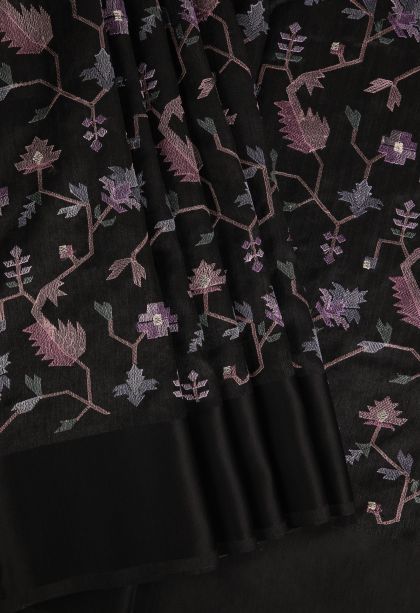 Asphalt Black Jute Sarees with Without Zari Zari Floral Patterns