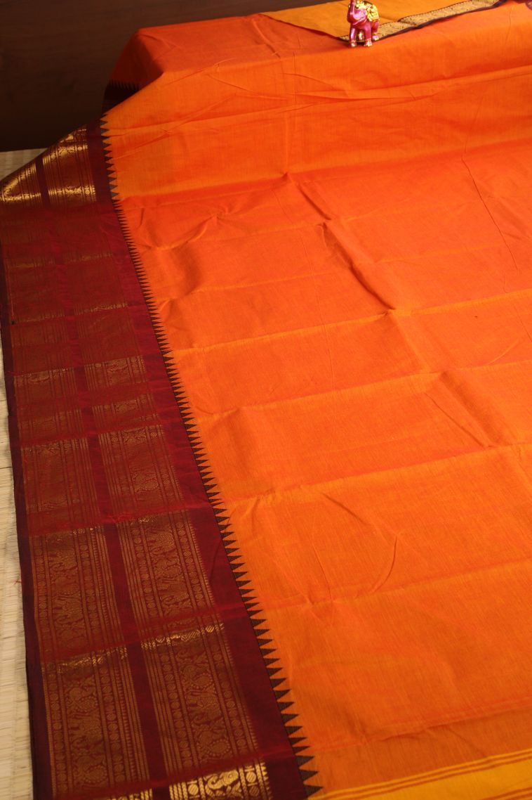 Tiger Orange Chettinad Cotton Sarees with Gold Zari Plain view 2