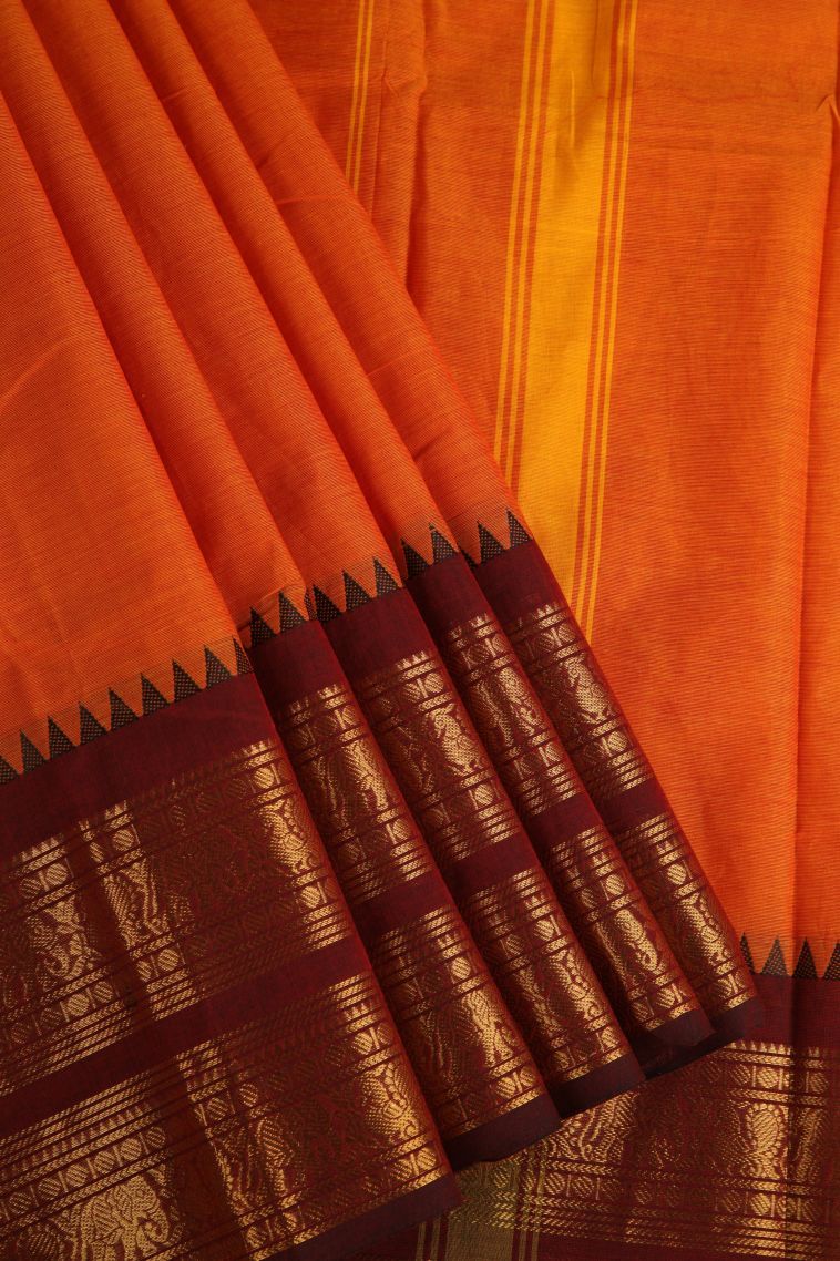 Tiger Orange Chettinad Cotton Sarees with Gold Zari Plain view 1