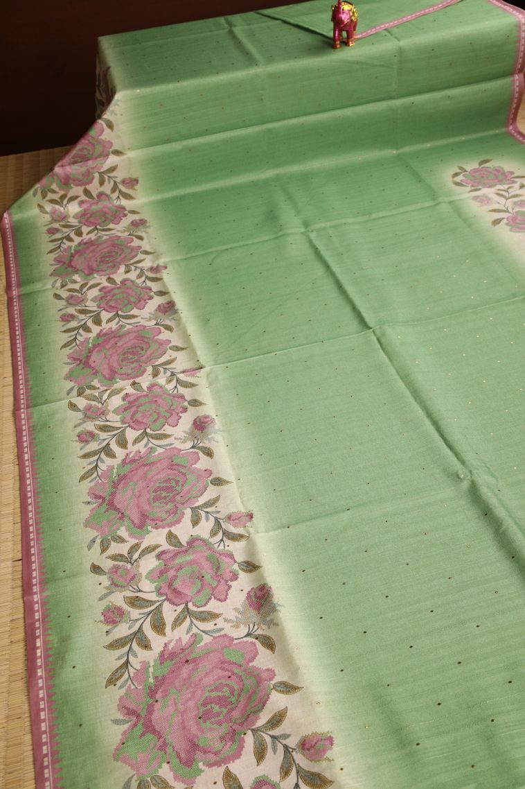 Mint Green Tussar Saree with Without Zari Zari Mirror Jamiki Puttas view 2