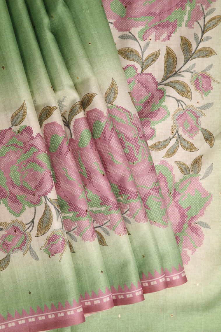 Mint Green Tussar Saree with Without Zari Zari Mirror Jamiki Puttas view 1