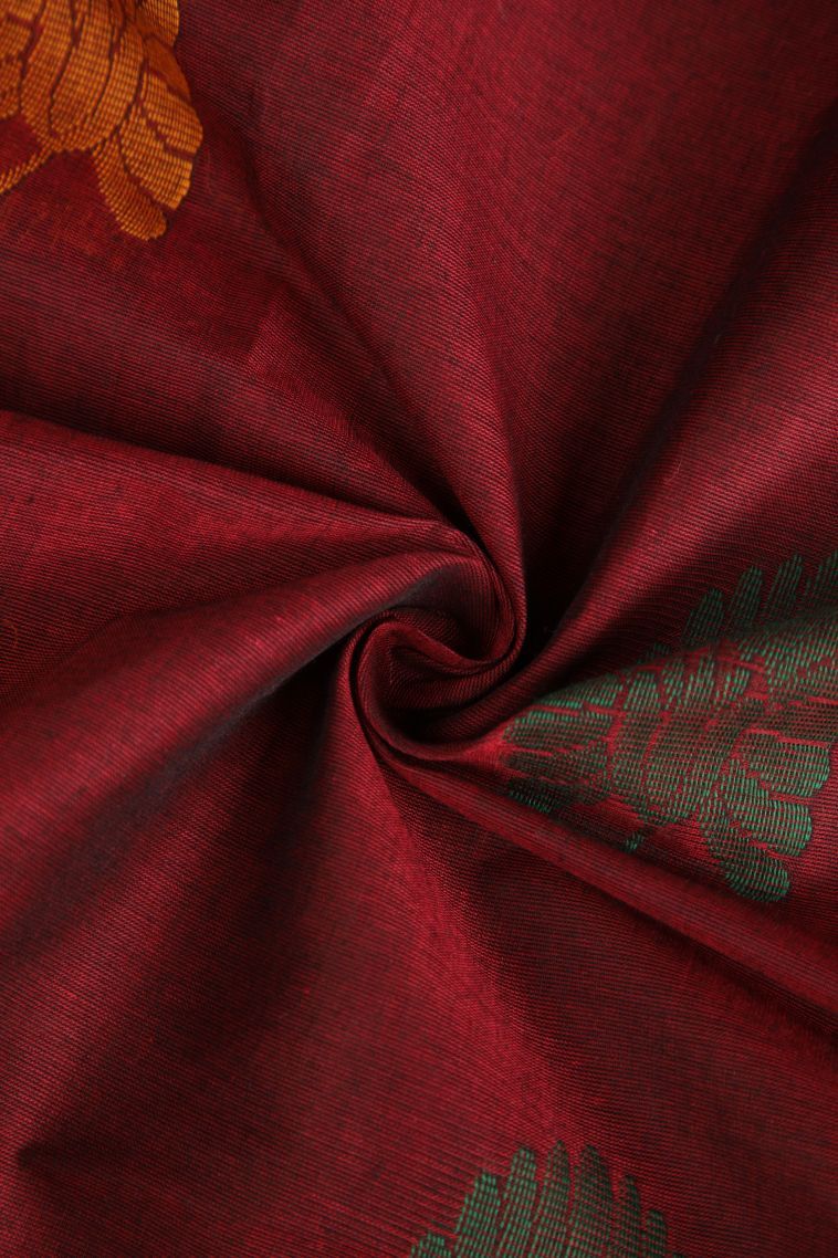 Crimson Red Chettinad Cotton Sarees with Thread Zari Floral Puttas view 4