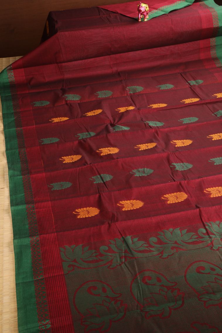 Crimson Red Chettinad Cotton Sarees with Thread Zari Floral Puttas view 2