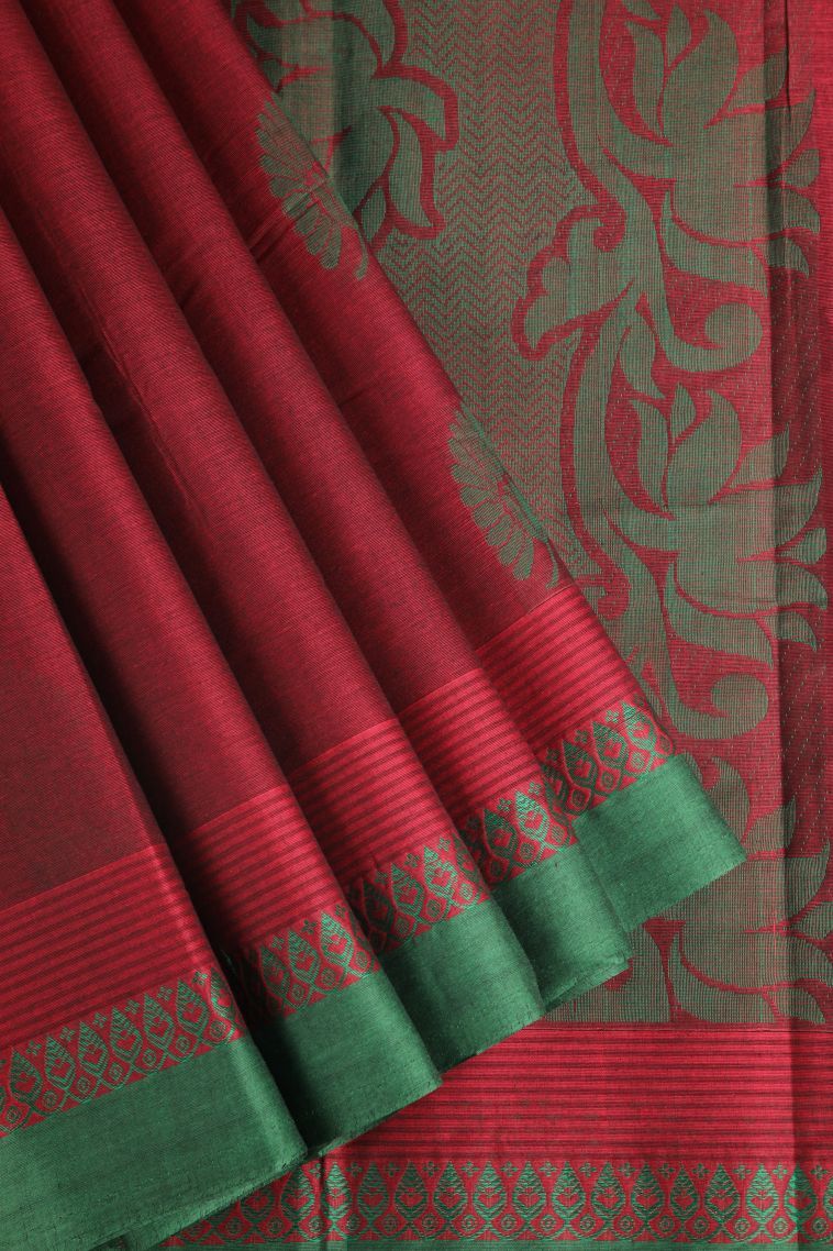Crimson Red Chettinad Cotton Sarees with Thread Zari Floral Puttas view 1