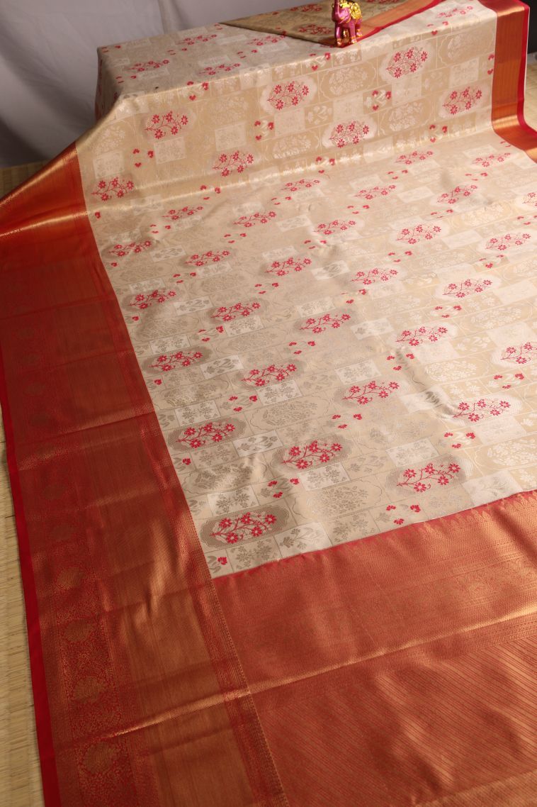Coconut White Tissue Silk Sarees with Gold Zari Floral Patterns view 2