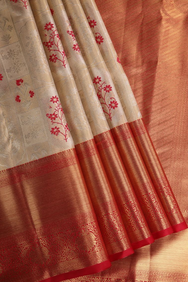 Coconut White Tissue Silk Sarees with Gold Zari Floral Patterns view 1