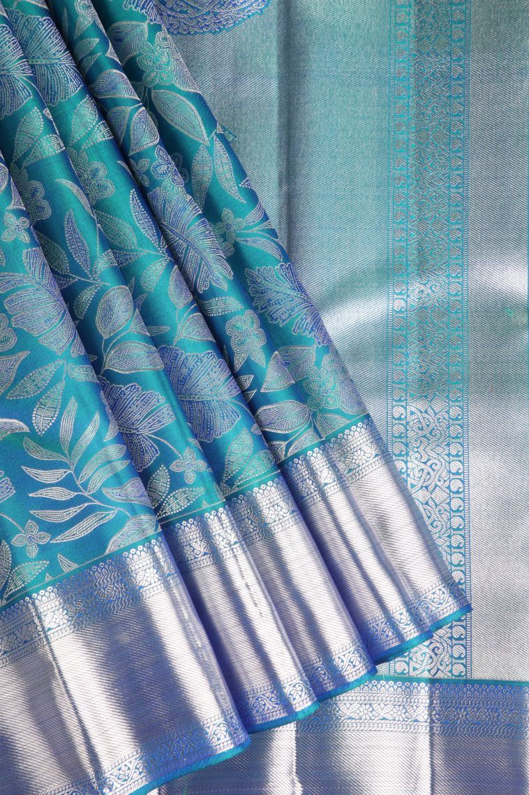 Cerulean Blue Kanchipuram Silk Sarees with Silver Zari Floral Patterns view 1