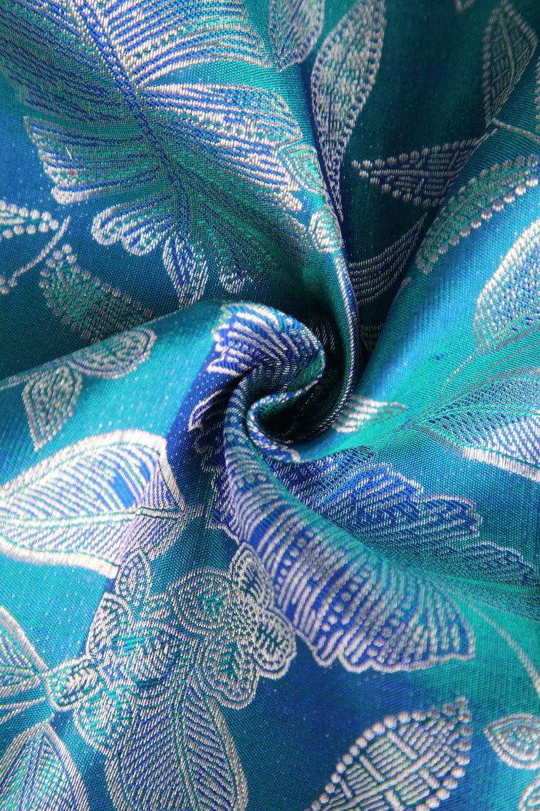 Cerulean Blue Kanchipuram Silk Sarees with Silver Zari Floral Patterns view 4