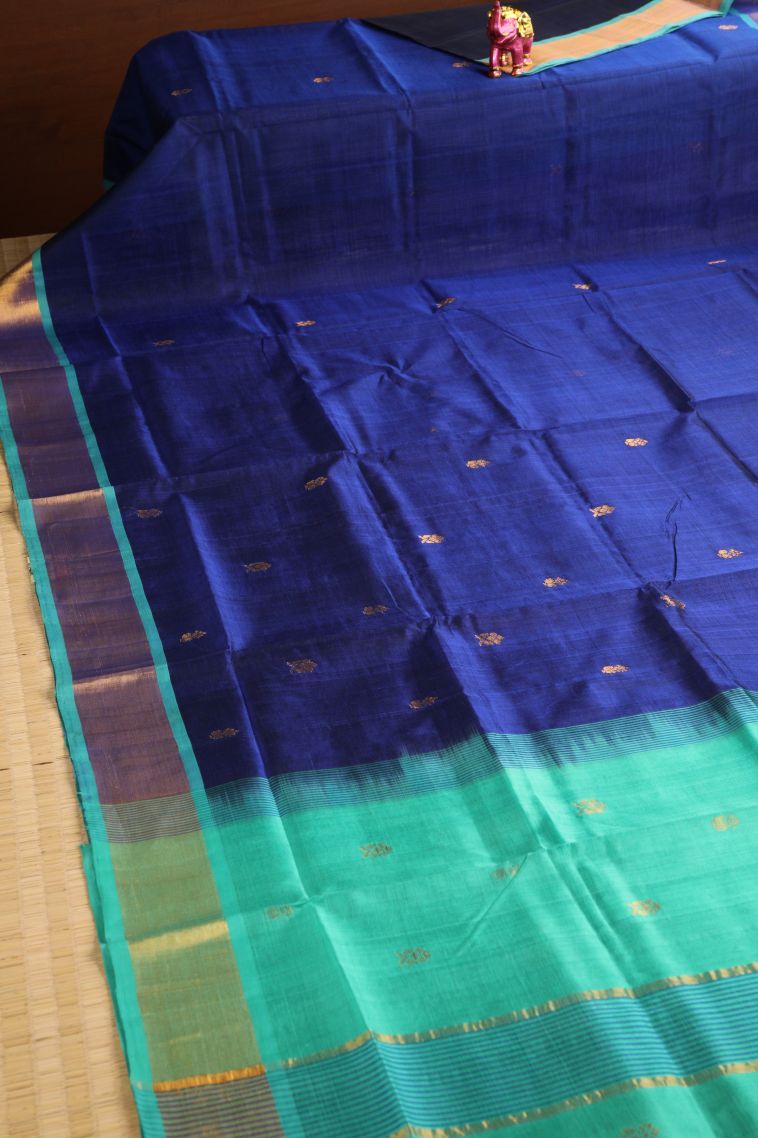 Azure Blue Silk Cotton with Gold Zari Buttis (small Dots Or Motifs) view 2