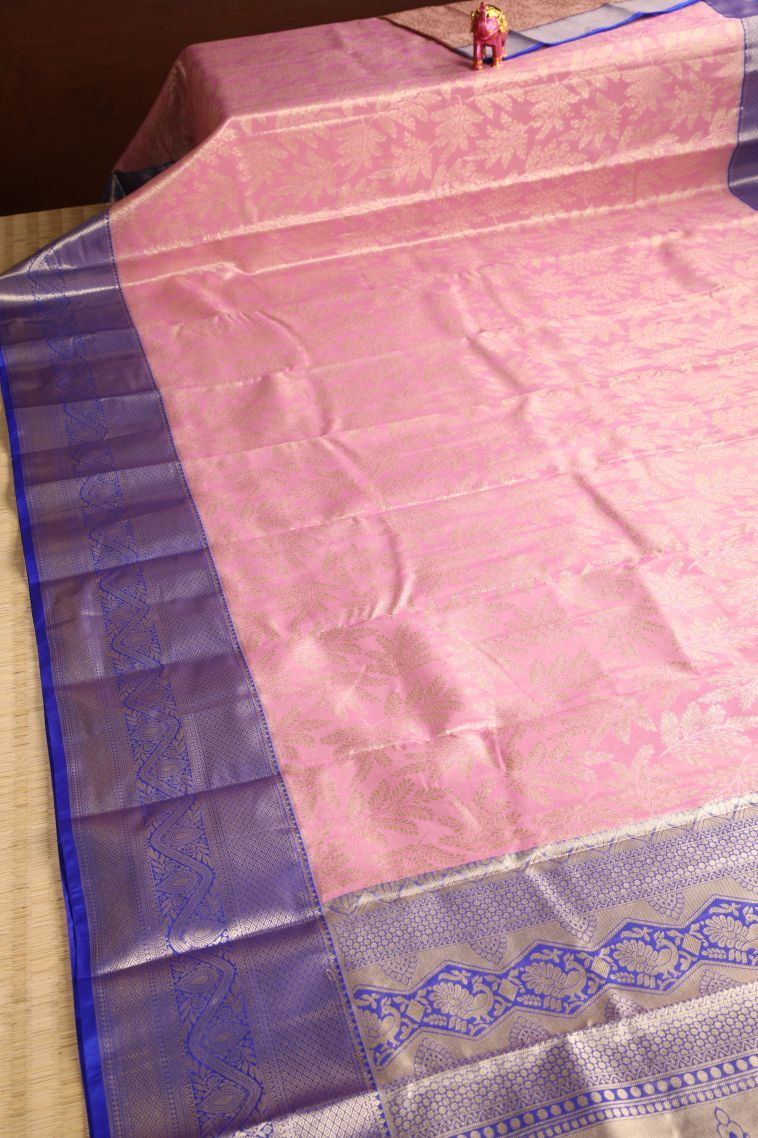 Ballet Pink Tissue Silk Sarees with Gold Zari Floral Patterns view 2