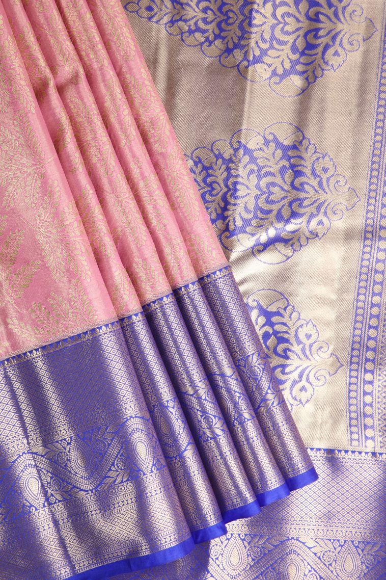 Ballet Pink Tissue Silk Sarees with Gold Zari Floral Patterns view 1