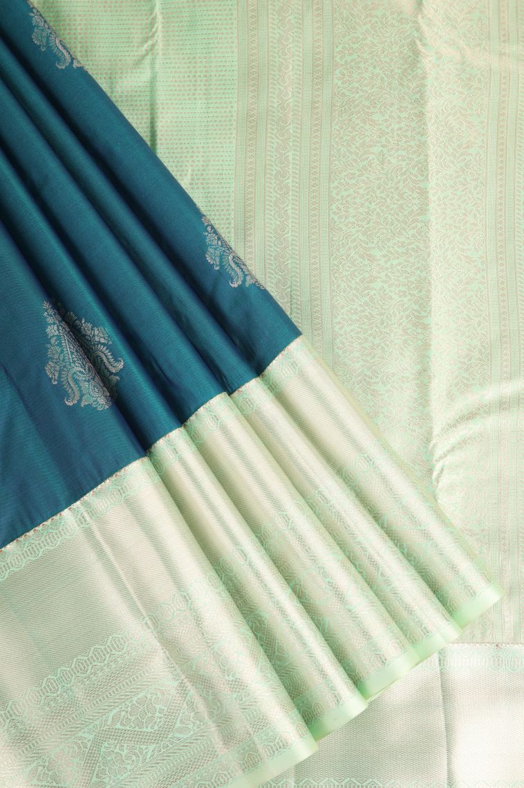 Admiral Blue Apoorva Silk Sarees with Gold Zari Floral Puttas view 1