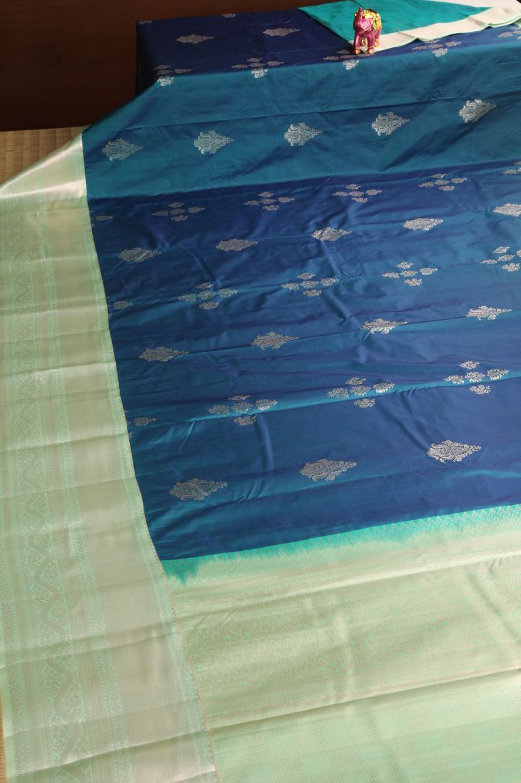 Admiral Blue Apoorva Silk Sarees with Gold Zari Floral Puttas view 2