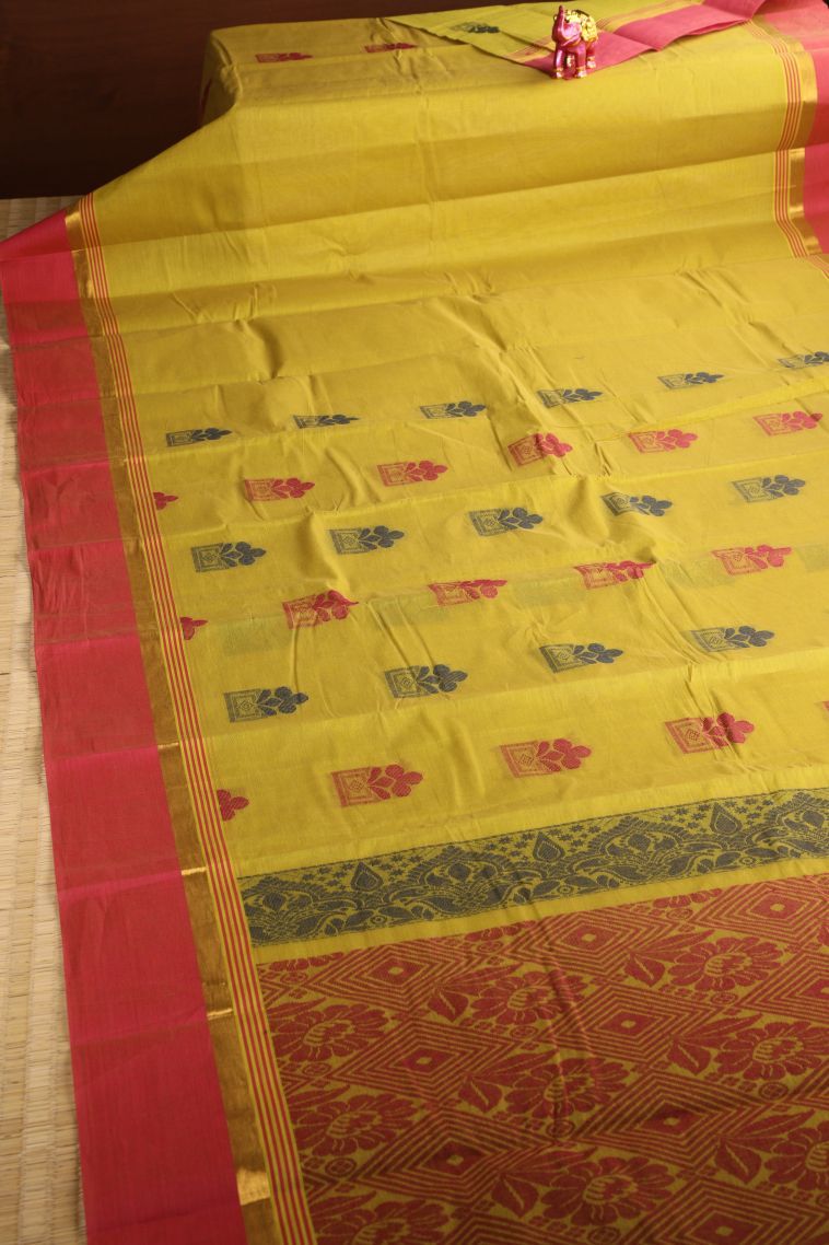 Lemon Yellow Chettinad Cotton Sarees with Without Zari Zari Floral Puttas view 2