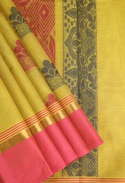 Lemon Yellow Chettinad Cotton Sarees with Without Zari Zari Floral Puttas