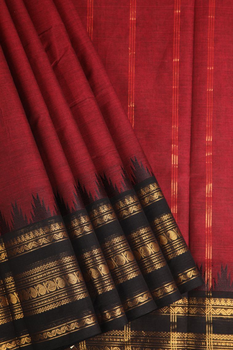 Berry Red Chettinad Cotton Sarees with Gold Zari Plain view 1