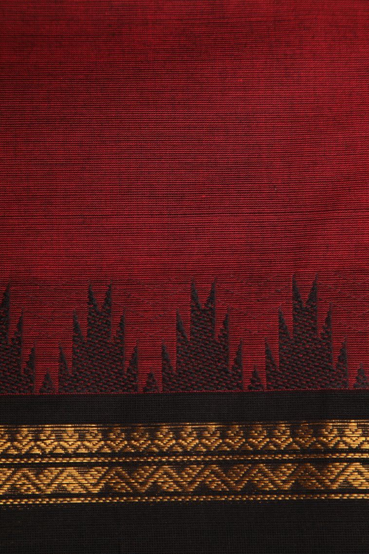 Berry Red Chettinad Cotton Sarees with Gold Zari Plain view 3