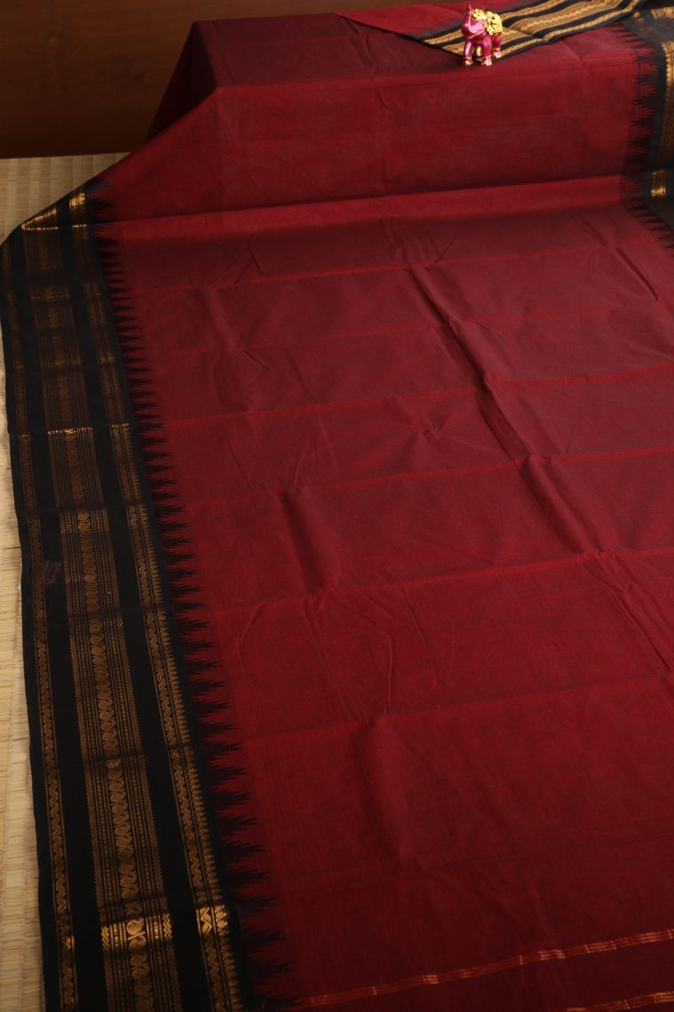 Berry Red Chettinad Cotton Sarees with Gold Zari Plain view 2