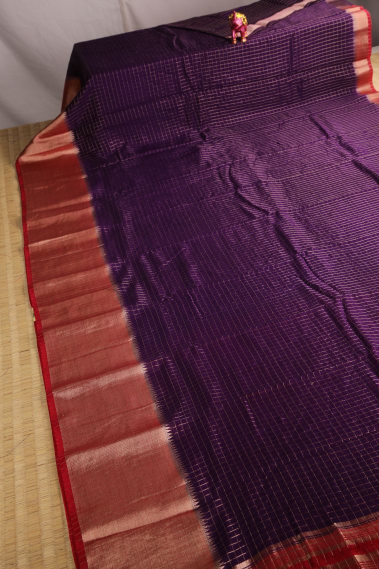 Grape Purple Fancy Saree with Gold Zari Checks view 2