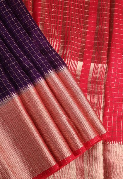Grape Purple Fancy Saree with Gold Zari Checks