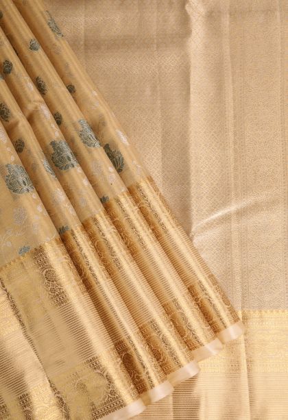 Macaroon Yellow Tissue Silk Sarees with Gold Zari Floral Puttas