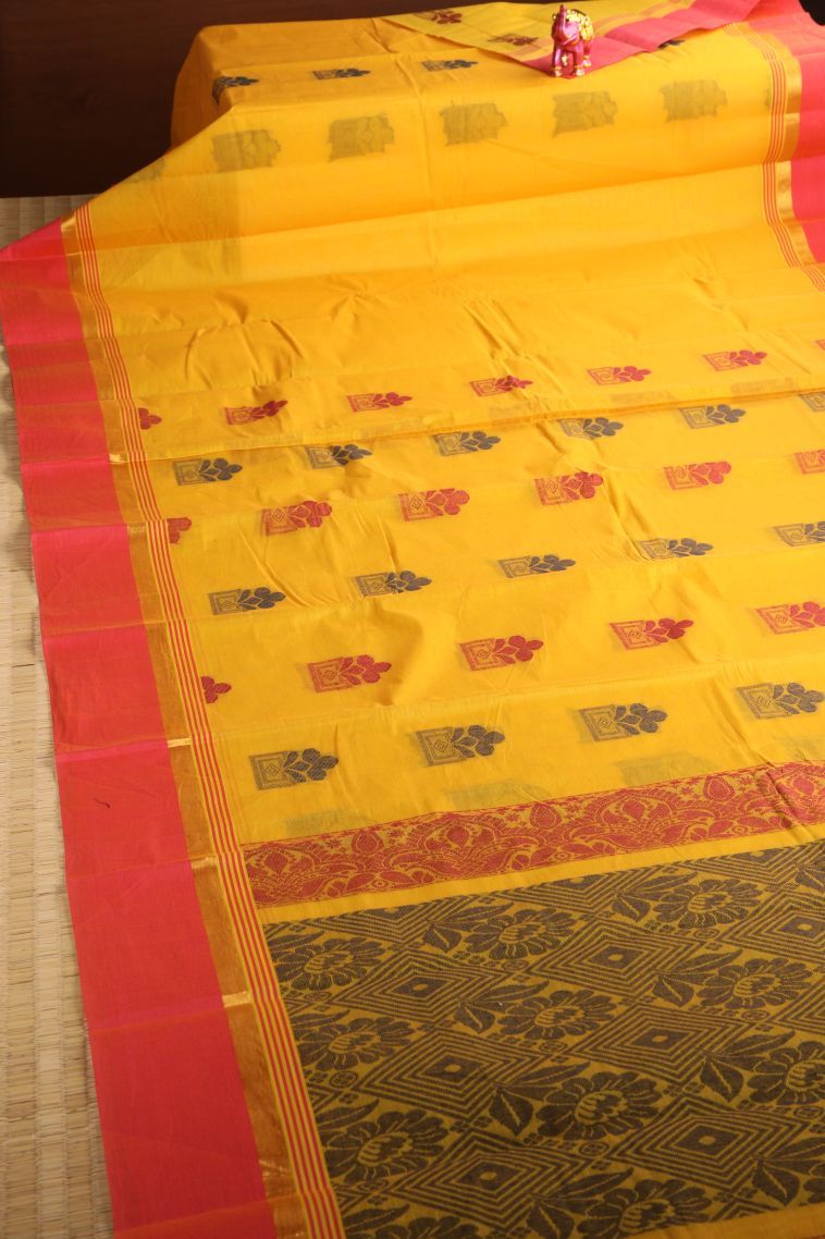 Honey Orange Chettinad Cotton Sarees with Without Zari Zari Floral Puttas view 2